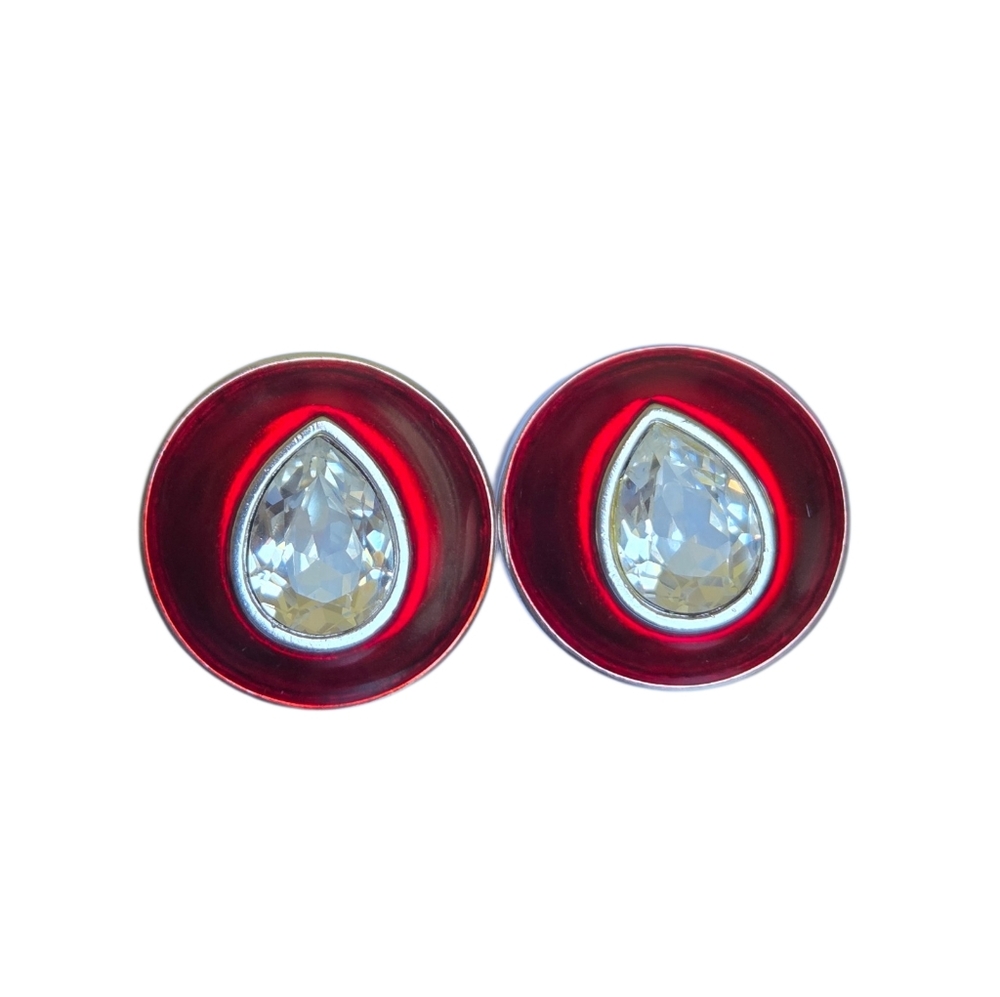 Signed YSL Yves Saint Laurent Red Enamel Teardrop Crystal Omega Stud Earrings